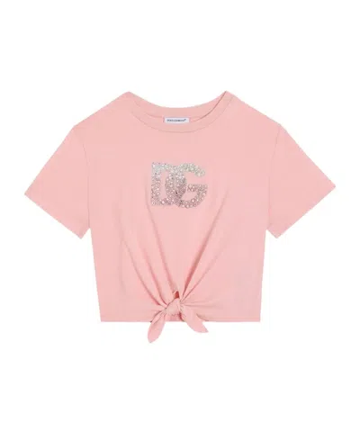 Dolce & Gabbana Girl's Embellished Logo-print Knot T-shirt In Pink