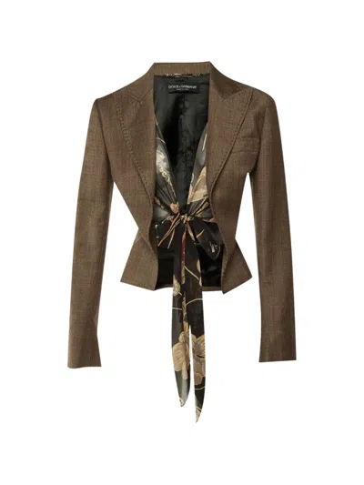 Pre-owned Dolce & Gabbana Tie-detail Check-print Blazer In Brown