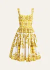 Dolce & Gabbana Tile-print Pleated Poplin Bustier Dress In Yellow Prt