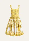 Dolce & Gabbana Maiolica Pleated Printed Cotton-poplin Midi Dress In Yellow Prt