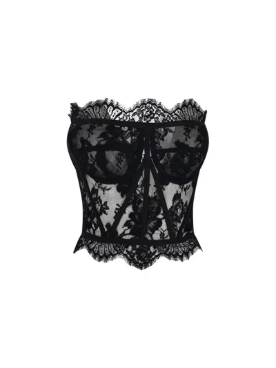 Dolce & Gabbana Top Floral Pattern Lace Detailing Scalloped Edges In Black