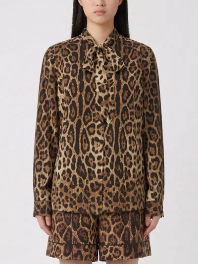 Dolce & Gabbana Neck-tie Leopard-print Silk Shirt In Brown