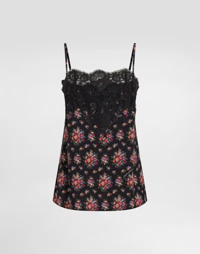 Dolce & Gabbana Small Flower Bouquets-print Charmeuse Top In Black
