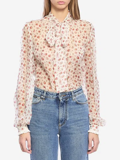 Dolce & Gabbana Vintage Rose Chiffon Blouse In White