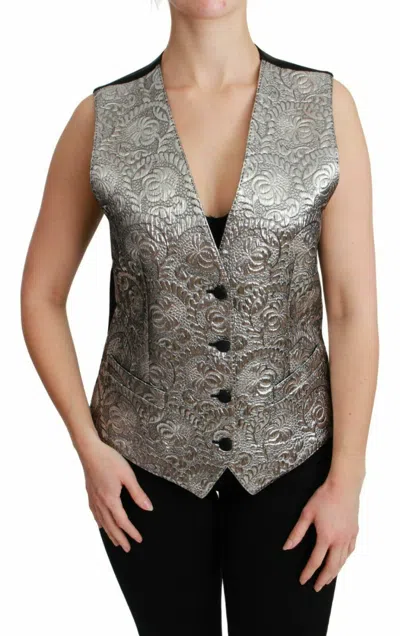Pre-owned Dolce & Gabbana Top Metallic Silver Brocade Sleeveless Vest It38 / Us4 / Xs $960