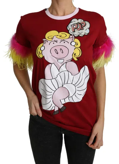 Pre-owned Dolce & Gabbana Top Red Pig Print Feather Sleeves T-shirt It44/ Us10/l Rrp $1300