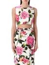 Dolce & Gabbana Jacquard Crop Top With Rose Print In Rose Fondo Bianco