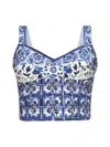 Dolce & Gabbana Cropped Floral-print Silk-blend Bustier Top In Tn Blu/bco