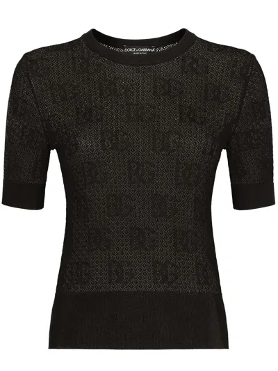 Dolce & Gabbana Monogram-jacquard Round-neck Top In Black