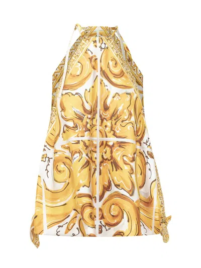 Dolce & Gabbana Majolica Printed Twill Halterneck Top In Yellow
