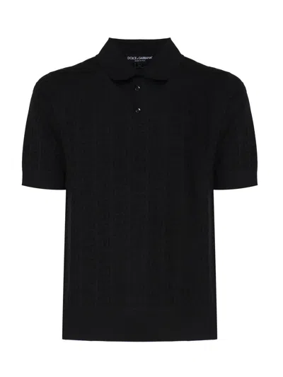 Dolce & Gabbana Embossed Pattern Silk Polo Shirt With Short Sleeves In Blue