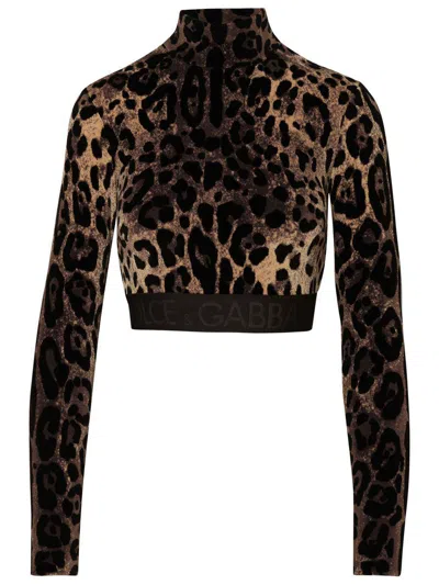 Dolce & Gabbana Chenille Turtle-neck Top With Jacquard Leopard Design In Multicolor