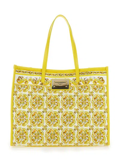 DOLCE & GABBANA YELLOW AND WHITE TOTE BAG WITH MAJOLICA PRINT AND LOGO PLAQUE
