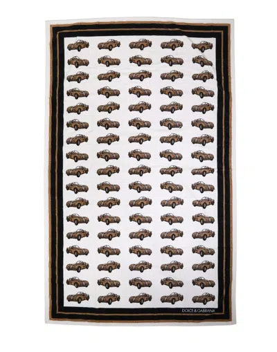 Dolce & Gabbana Towel White Cotton Car Graphic Print 115cm X 180cm Beach In Multi