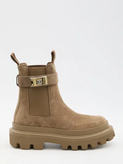 Dolce & Gabbana Beige Ankle Boots With Dg Logo Detail In Suede Woman In Brown