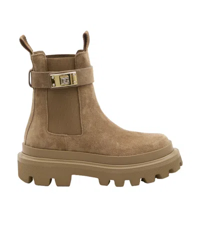 Dolce & Gabbana Beige Ankle Boots With Dg Logo Detail In Suede Woman In Brown