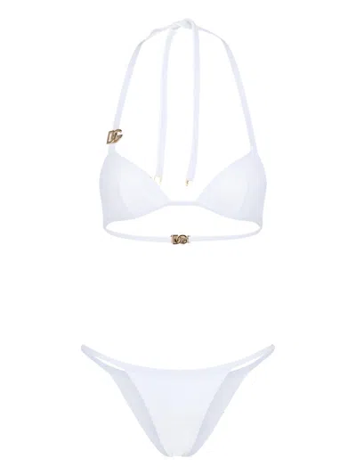 Dolce & Gabbana Triangle Bikini With Dg Logo In White