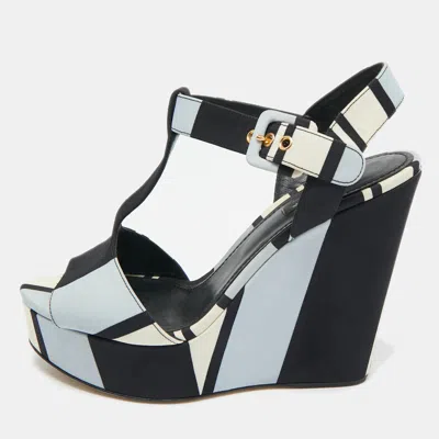 Pre-owned Dolce & Gabbana Tricolor Fabric T Strap Wedge Platform Sandals Size 39.5 In Multi