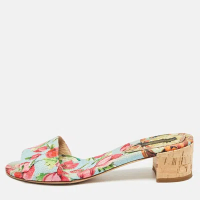 Pre-owned Dolce & Gabbana Tricolor Floral Print Canvas Slide Sandals Size 36 In Blue