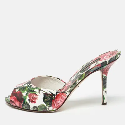 Pre-owned Dolce & Gabbana Tricolor Floral Print Leather Slide Sandals Size 37 In White