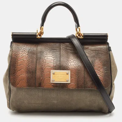 Pre-owned Dolce & Gabbana Tricolor Ostrich Leg Leather And Canvas Large Miss Sicily Top Handle Bag
