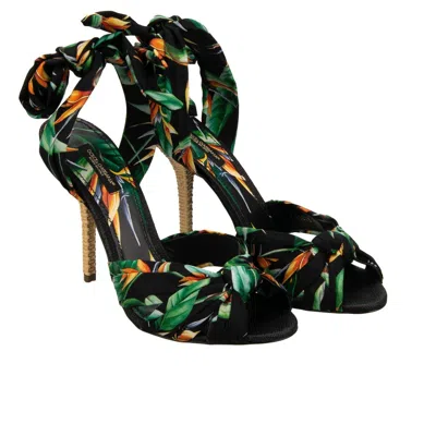Pre-owned Dolce & Gabbana Tropical Flower Silk Lace Sandals Heels Pumps Keira Black Green
