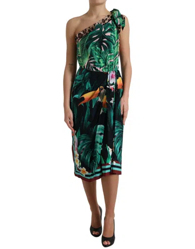 Dolce & Gabbana Tropical Jungle Print One-shoulder Dress In Green