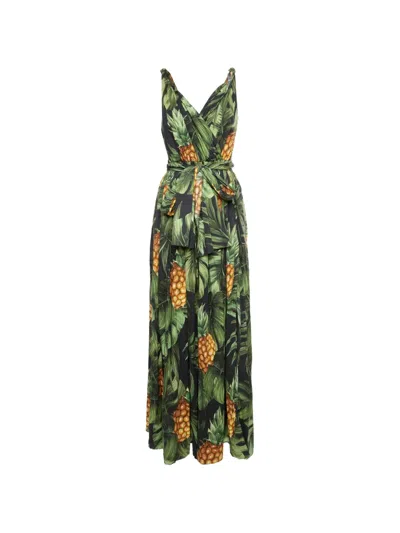 Pre-owned Dolce & Gabbana Tropical-print Tie-waist Maxi Dress In Green