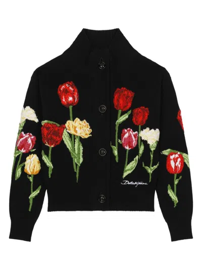 Dolce & Gabbana Kids' Tulip Embroidered Cardigan In Blue