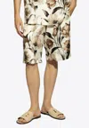 Dolce & Gabbana Beige Bermuda Short With Flower Print In Silk Twill In Cream