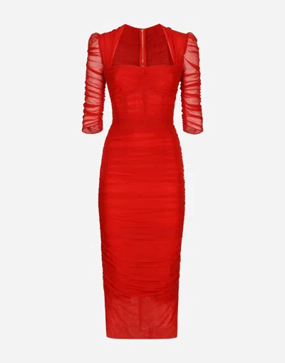 Dolce & Gabbana Tulle Calf-length Dress With Draping In Red