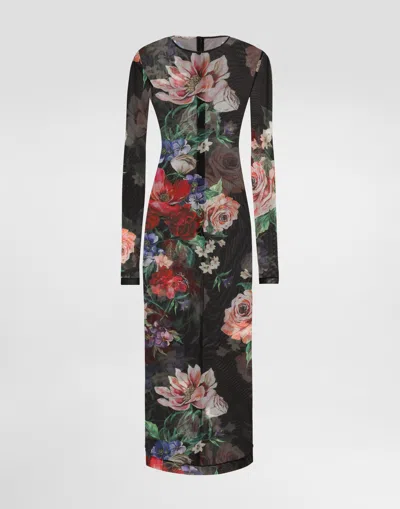 Dolce & Gabbana Tulle Calf-length Dress With Floral Print In Multicolor