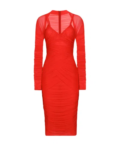 Dolce & Gabbana Dolce  Gabbana Tulle Draped Long-sleeved Midi Dress In Red