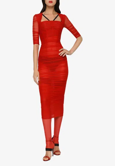 Dolce & Gabbana Ruched Midi Dress W/ Corset Boning In Red