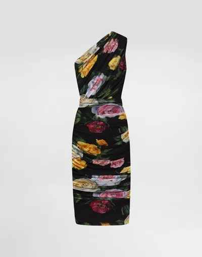 Dolce & Gabbana Tulle One-shoulder Calf-length Dress With Peony And Rose Print