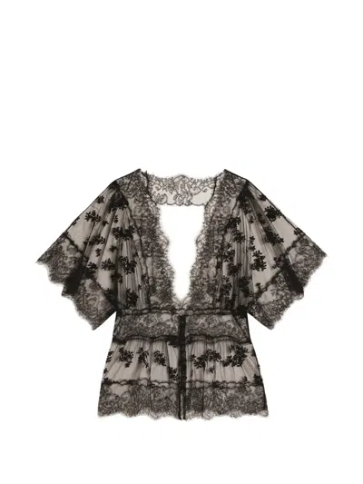 Dolce & Gabbana Tulle Top With Flower Embroidery In Black