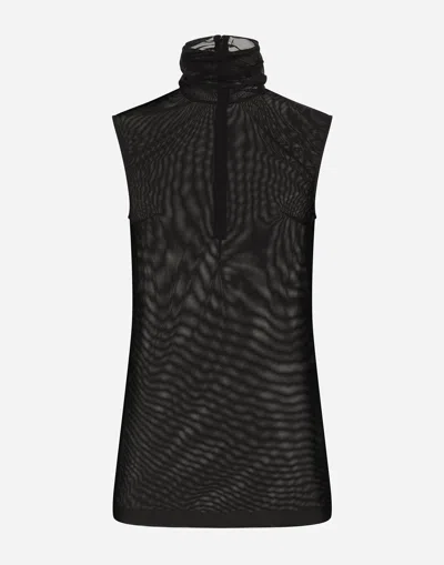 Dolce & Gabbana Tulle Turtle-neck Top With Dg Logo In Black
