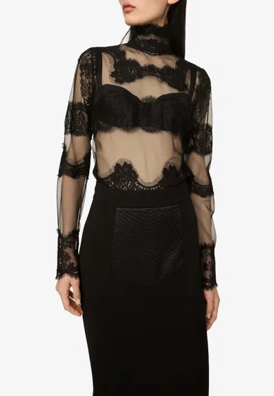 Dolce & Gabbana Tulle Turtleneck Top With Lace Inserts In Black
