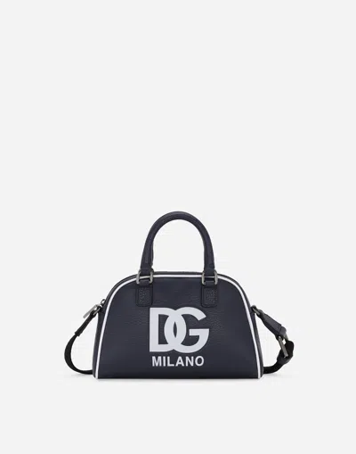 Dolce & Gabbana Tumbled Calfskin Bowling Bag With Dg Logo In Blue