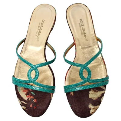 Pre-owned Dolce & Gabbana Turquoise Snake Embossed Leather Floral Print Sandals Circa Y2k In Beige