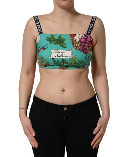 Dolce & Gabbana Turquoise Vegetable Print Silk Crop Tank Top In Green