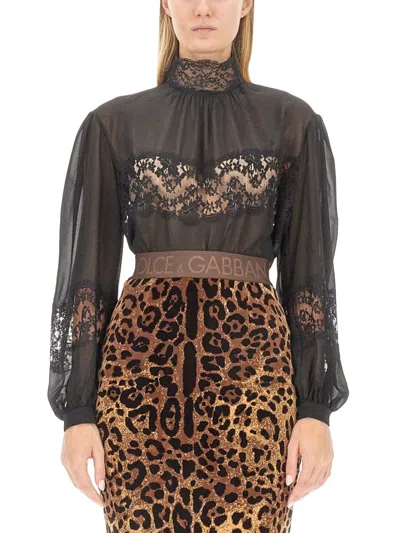 Dolce & Gabbana Georgette And Lace Turtle-neck Blouse In Black