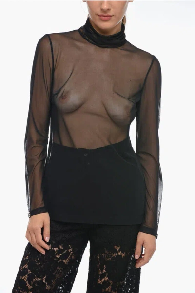 Dolce & Gabbana Turtleneck Mesh Top With Back Zip In Black