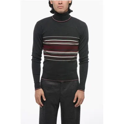 Dolce & Gabbana Turtleneck Virgin Wool Sweater With Unbalanced Stripe Motif In Gray