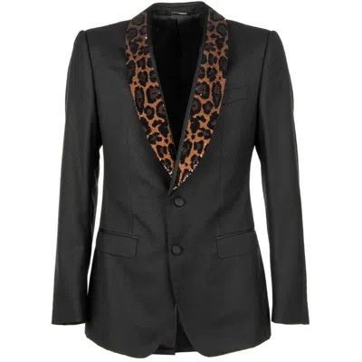 Pre-owned Dolce & Gabbana Tuxedo Blazer Jacket Sicilia W Sequins Leopard Lapel Black 09742