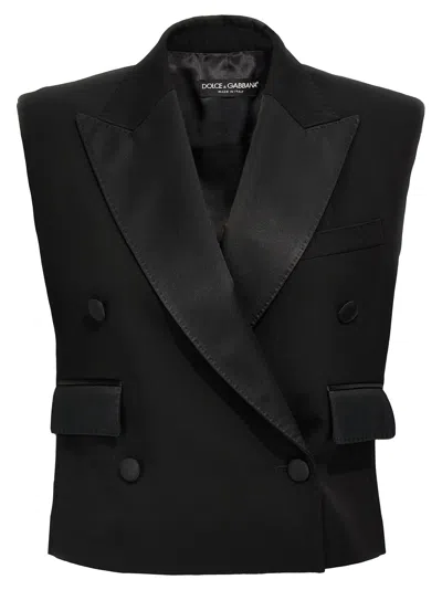 Dolce & Gabbana Sleeveless Double-breasted Wool Gabardine Tuxedo Jacket In Black