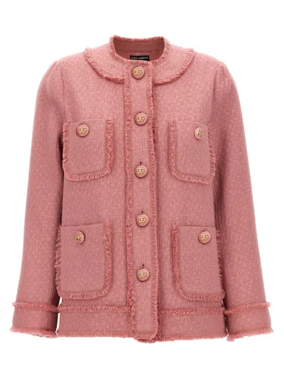 Dolce & Gabbana Tweed Blazer With Fringed Piping In Pink