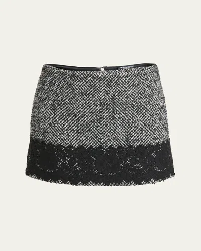 DOLCE & GABBANA TWEED WOOL MINI SKIRT WITH LACE TRIM