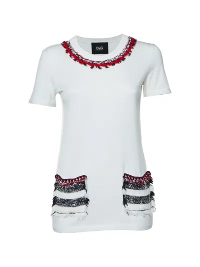 Pre-owned Dolce & Gabbana Tweed-trimmed T-shirt In White
