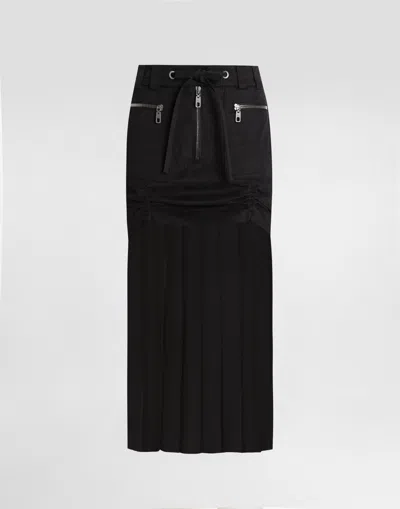 Dolce & Gabbana Twill Midi Skirt With Chiffon In Black